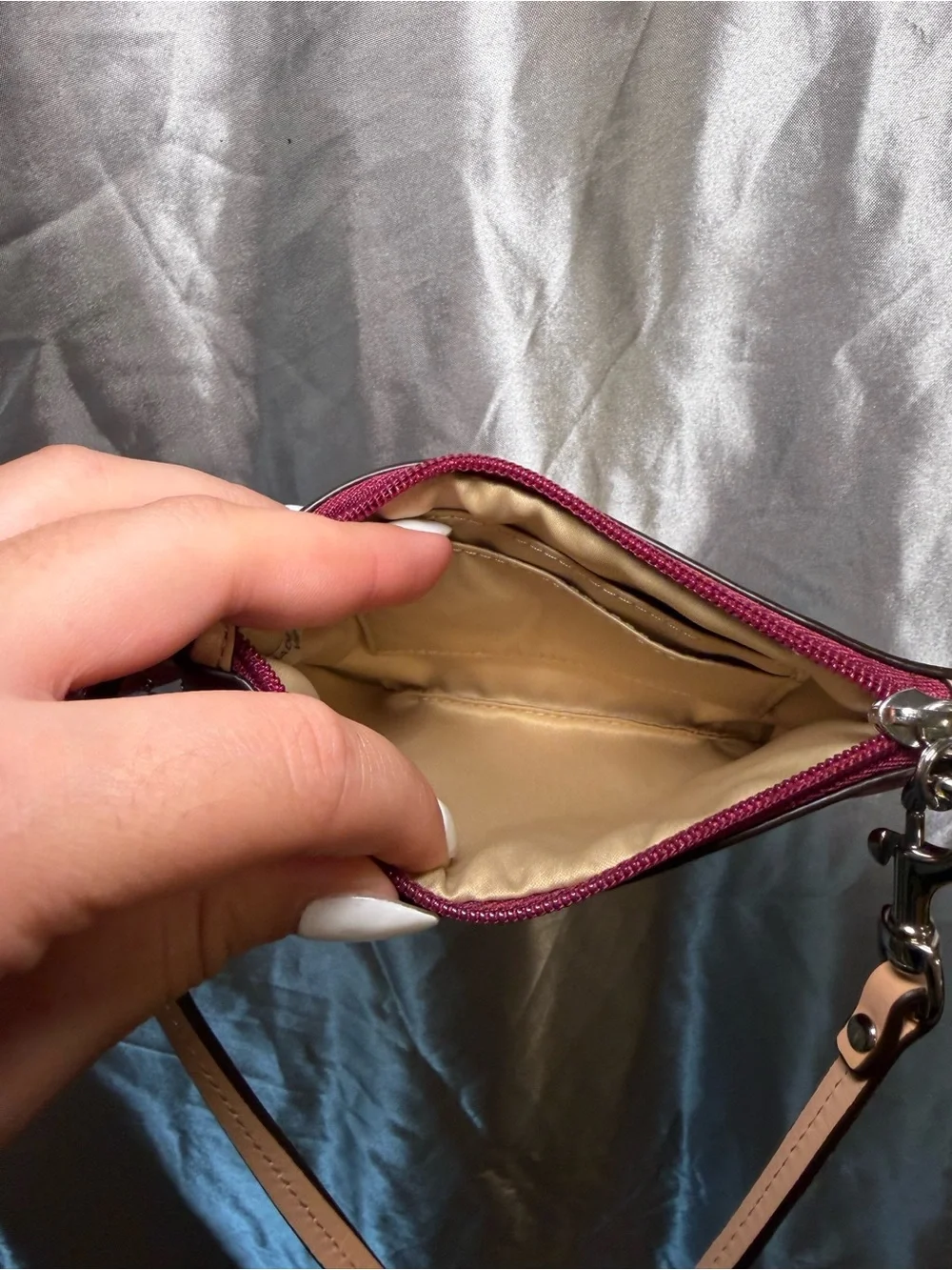 Coach Signature Canvas Wristlet in Fuchsia with Tan Strap